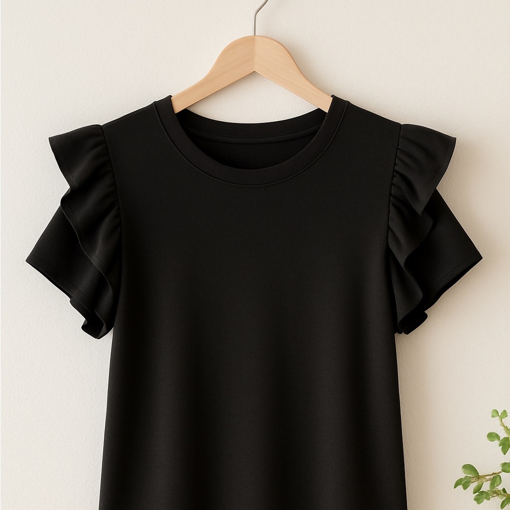 S·DEER / CONCEPT Black Ruffle-Sleeve Knit Top | Soft Drape Pull-On Tee | Size M